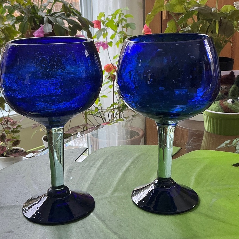 Cobalt Blue Glass Goblet Pair - Elegant Home Art Stemware